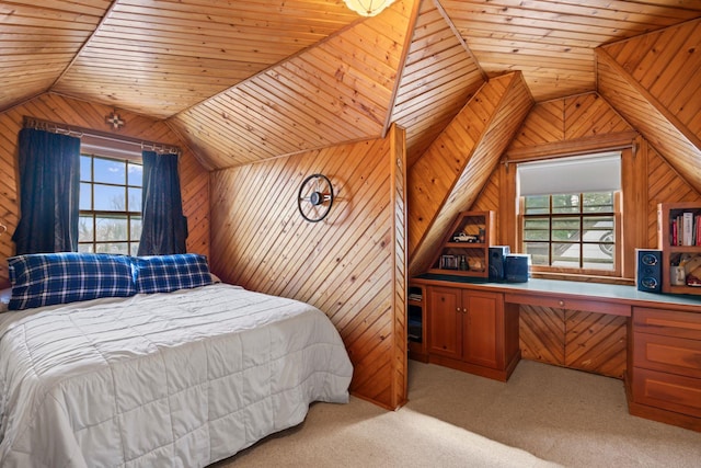 3 Wincoma Dr, Huntington Bay, NY 11743 - carpeted bedroom with multiple windows, vaulted ceiling, wooden walls, and wood ceiling