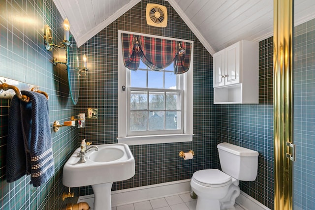 3 Wincoma Dr, Huntington Bay, NY 11743 - bathroom featuring lofted ceiling, ornamental molding, toilet, and tile patterned flooring