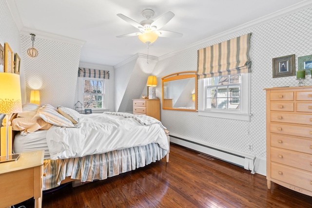 3 Wincoma Dr, Huntington Bay, NY 11743 - bedroom with wallpapered walls, a baseboard heating unit, and crown molding