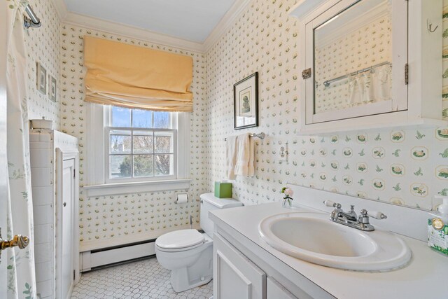 3 Wincoma Dr, Huntington Bay, NY 11743 - bathroom with crown molding, wallpapered walls, toilet, vanity, and a baseboard heating unit