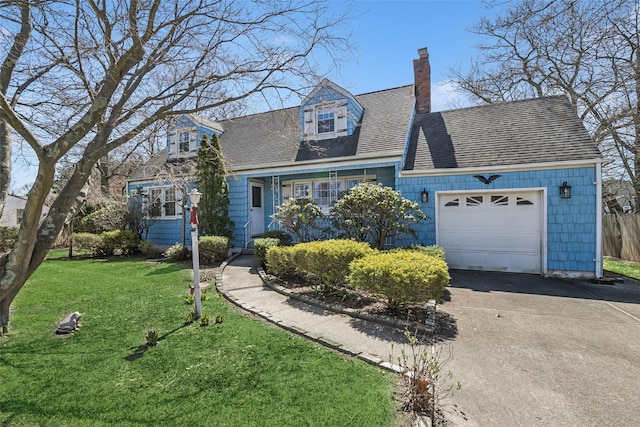 cape cod house with concrete driveway, a chimney, an attached garage, a front lawn, and a shingled roof
