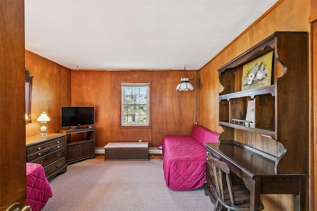 sitting room with carpet floors, baseboard heating, and wood walls