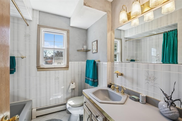 full bathroom with vanity, tile patterned flooring, toilet, tile walls, and a baseboard radiator