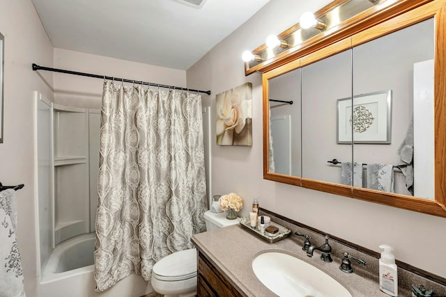 bathroom with toilet, vanity, and shower / bath combination with curtain