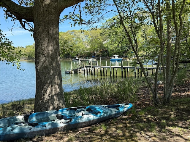 view of yard featuring a floating dock and a water view