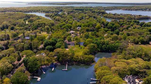 bird's eye view of a heavily wooded area and a large body of water
