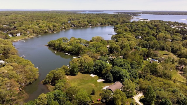 aerial view of property's location featuring a forest and a nearby body of water