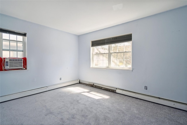 carpeted empty room with a baseboard heating unit and cooling unit