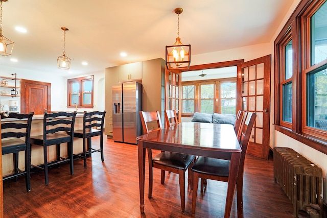 12 Sunset View Dr, West Nyack, NY 10994 - dining room featuring radiator heating unit, plenty of natural light, recessed lighting, and wood finished floors