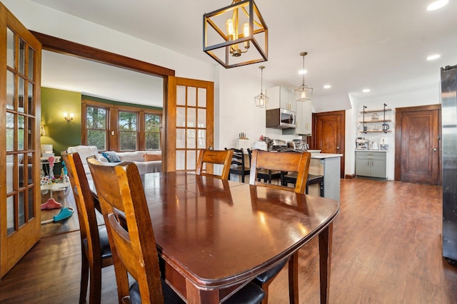 12 Sunset View Dr, West Nyack, NY 10994 - dining space with french doors, recessed lighting, a notable chandelier, and dark wood finished floors