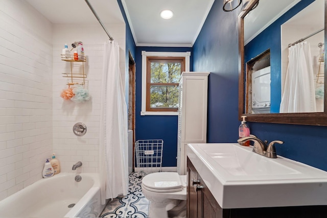 12 Sunset View Dr, West Nyack, NY 10994 - full bathroom featuring shower / tub combo, ornamental molding, toilet, vanity, and tile patterned floors