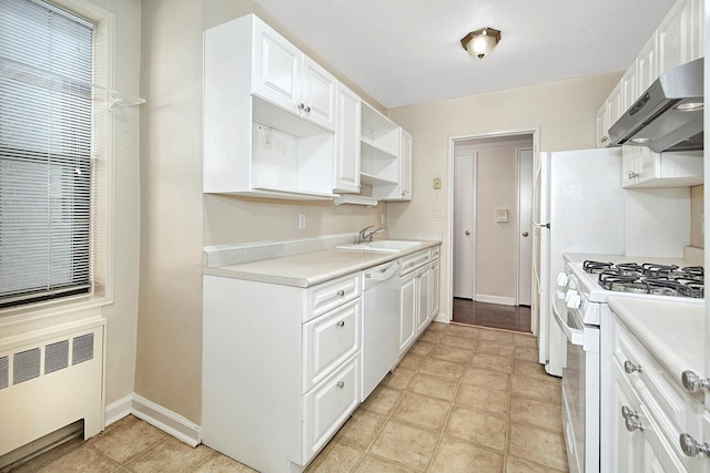 kitchen with open shelves, radiator, white appliances, under cabinet range hood, and a sink