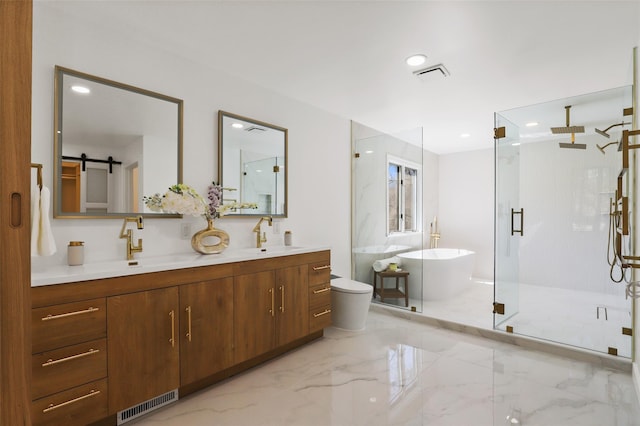 bathroom featuring a shower stall, visible vents, marble finish floor, and a soaking tub
