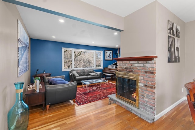 21 Glengary Rd, Croton-On-Hudson, NY 10520 - living room with recessed lighting, a brick fireplace, baseboards, and hardwood / wood-style floors