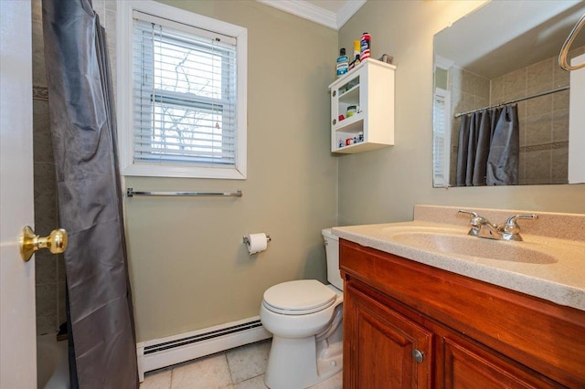bathroom featuring vanity, toilet, ornamental molding, a shower with shower curtain, and a baseboard radiator