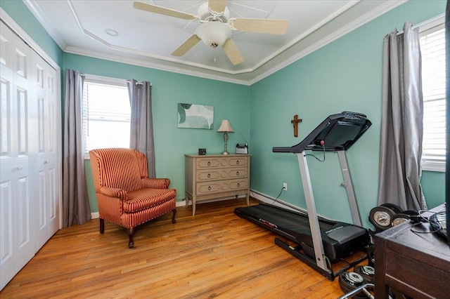 workout room with a ceiling fan, ornamental molding, and wood finished floors