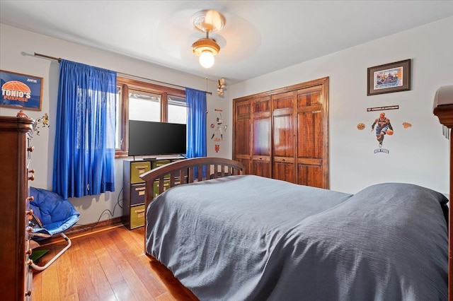 bedroom featuring wood-type flooring and a closet