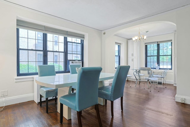 1273 N Ave Unit 1Ab, New Rochelle, NY 10804 - dining room featuring arched walkways, baseboards, dark wood-type flooring, a chandelier, and cooling unit