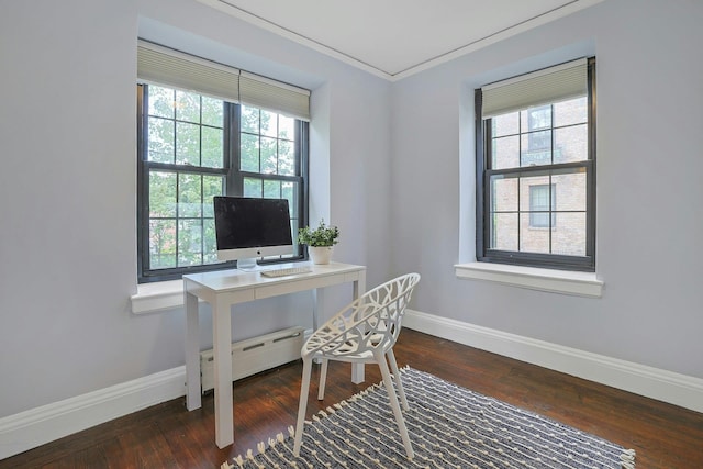 1273 N Ave Unit 1Ab, New Rochelle, NY 10804 - office with baseboards, plenty of natural light, dark wood finished floors, a baseboard radiator, and ornamental molding