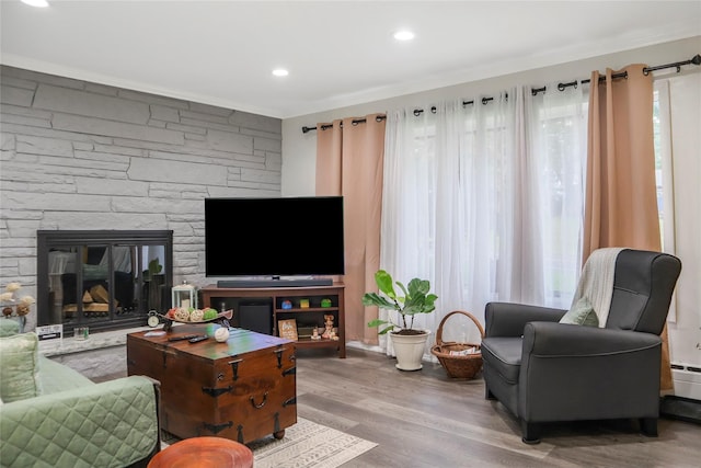 living room featuring a fireplace, wood finished floors, and recessed lighting
