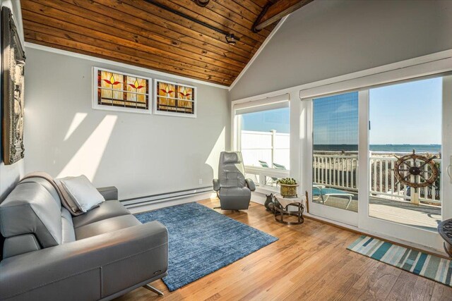 839 Oceanfront, Long Beach, NY 11561 - living area featuring lofted ceiling, plenty of natural light, wood ceiling, a baseboard radiator, and wood finished floors