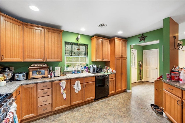 660 Oakland Valley Rd, Cuddebackville, NY 12729 - kitchen featuring visible vents, stainless steel range with gas stovetop, black dishwasher, recessed lighting, and a sink