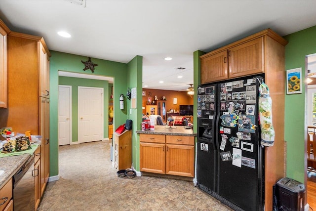 660 Oakland Valley Rd, Cuddebackville, NY 12729 - kitchen featuring black refrigerator with ice dispenser, baseboards, recessed lighting, and dishwasher