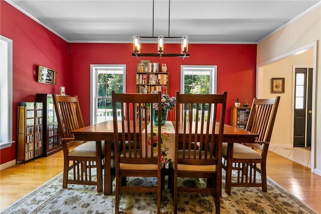 dining room with baseboards, wood finished floors, and crown molding