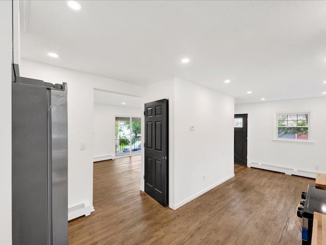 166 Sears Ave, Elmsford, NY 10523 - kitchen with freestanding refrigerator, wood finished floors, recessed lighting, baseboards, and range