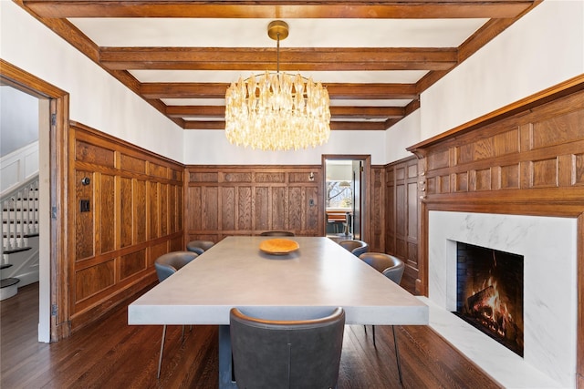 27 Calumet Ave, Hastings-On-Hudson, NY 10706 - dining room featuring dark wood-type flooring, beamed ceiling, a high end fireplace, wainscoting, and a chandelier