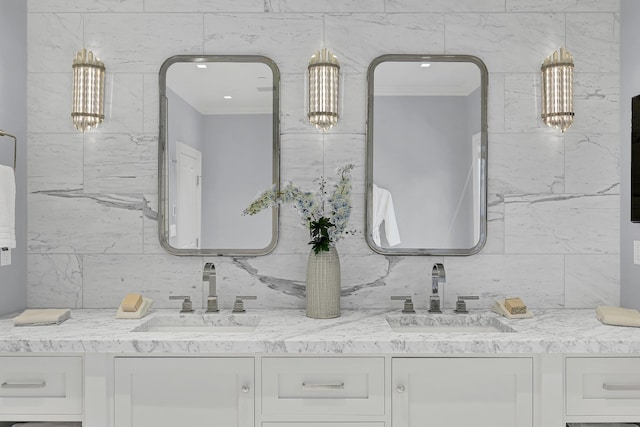 5 Briarcliff Rd, Chappaqua, NY 10514 - full bath with tasteful backsplash, crown molding, and double vanity