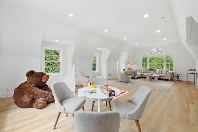 5 Briarcliff Rd, Chappaqua, NY 10514 - dining area with light wood-type flooring, lofted ceiling, recessed lighting, and baseboards