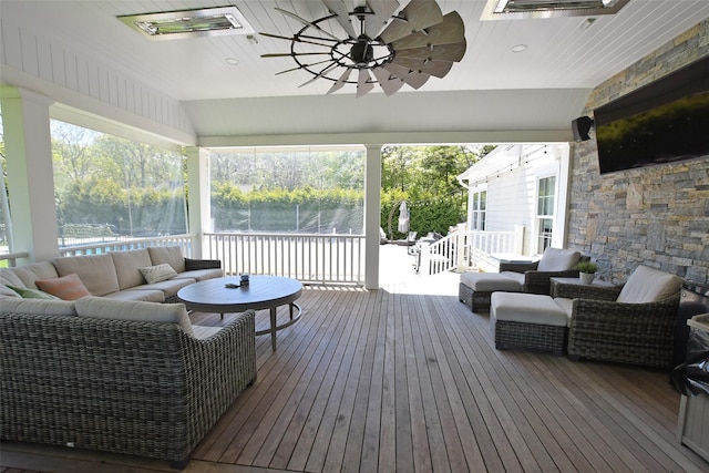 103 Silver Beech Ln, Calverton, NY 11933 - sunroom featuring an outdoor living space, ceiling fan, visible vents, and a healthy amount of sunlight