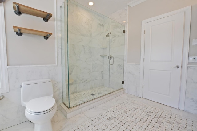 103 Silver Beech Ln, Calverton, NY 11933 - full bathroom with tile walls, marble finish floor, a marble finish shower, toilet, and wainscoting