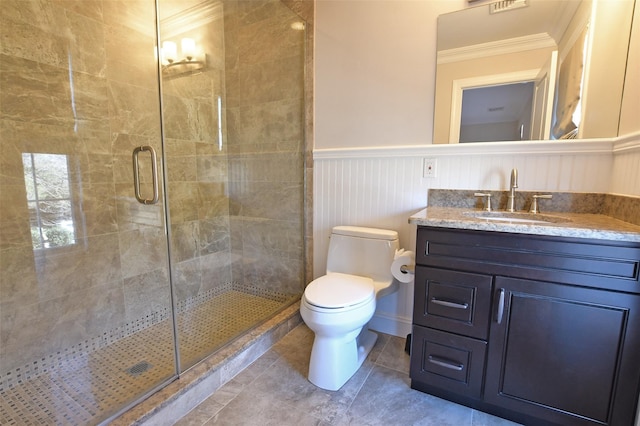 103 Silver Beech Ln, Calverton, NY 11933 - bathroom with ornamental molding, toilet, vanity, a stall shower, and wainscoting