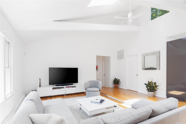 2955 Hyatt Rd, Southold, NY 11971 - living area featuring light wood-style floors, high vaulted ceiling, ceiling fan, and beamed ceiling