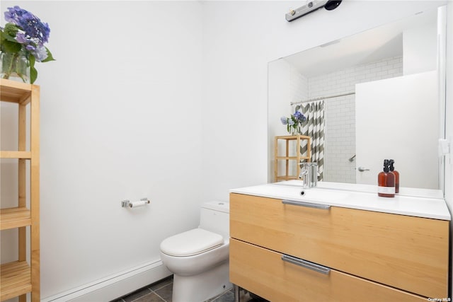 2955 Hyatt Rd, Southold, NY 11971 - bathroom with a baseboard radiator, toilet, tile patterned flooring, vanity, and curtained shower