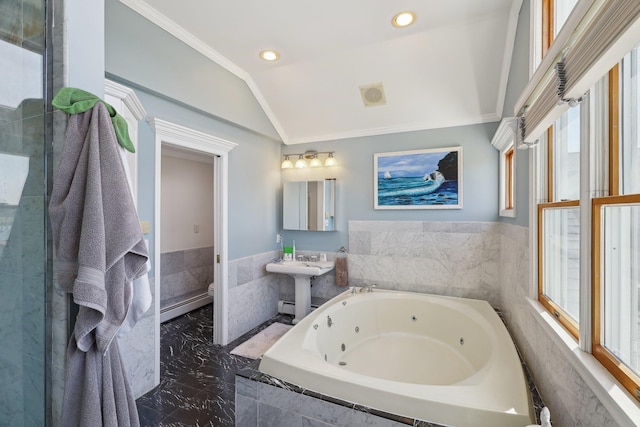 230 W Islip Rd, West Islip, NY 11795 - bathroom with vaulted ceiling, a baseboard heating unit, a whirlpool tub, ornamental molding, and toilet