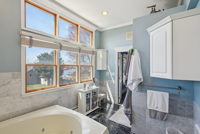 230 W Islip Rd, West Islip, NY 11795 - bathroom with a jetted tub, recessed lighting, marble finish floors, crown molding, and a baseboard radiator