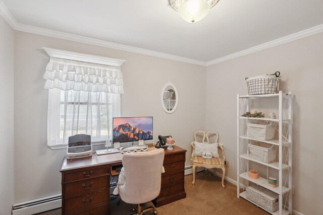 230 W Islip Rd, West Islip, NY 11795 - home office featuring a baseboard heating unit, ornamental molding, carpet, and baseboards