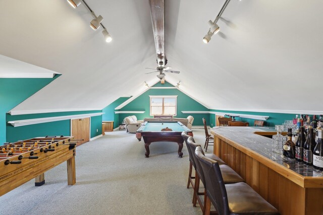 230 W Islip Rd, West Islip, NY 11795 - recreation room featuring rail lighting, carpet, billiards table, vaulted ceiling, and a ceiling fan
