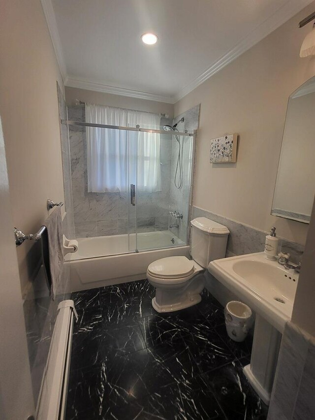230 W Islip Rd, West Islip, NY 11795 - bathroom featuring toilet, marble finish floors, shower / bath combination with glass door, ornamental molding, and recessed lighting