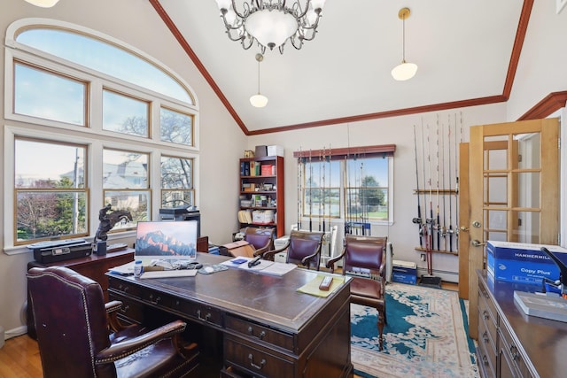 230 W Islip Rd, West Islip, NY 11795 - office area with a baseboard radiator, ornamental molding, wood finished floors, and high vaulted ceiling