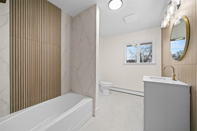 139 Cross Rd, Goshen, NY 10924 - full bathroom with vanity, a baseboard heating unit, a bathing tub, toilet, and marble finish floor