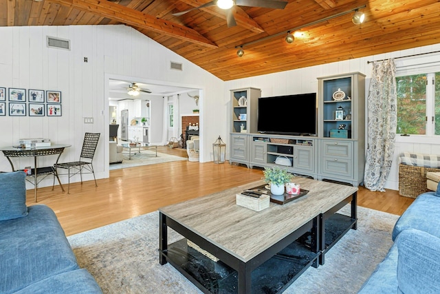 25 Macgregor Dr, Mahopac, NY 10541 - living room with a ceiling fan, wood finished floors, wooden ceiling, wooden walls, and rail lighting