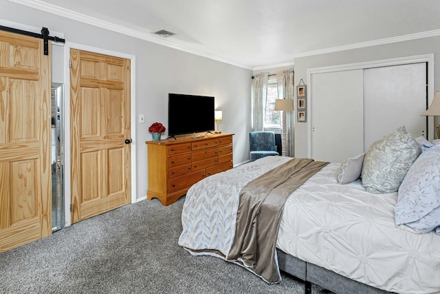 25 Macgregor Dr, Mahopac, NY 10541 - bedroom with carpet flooring, ornamental molding, and a barn door
