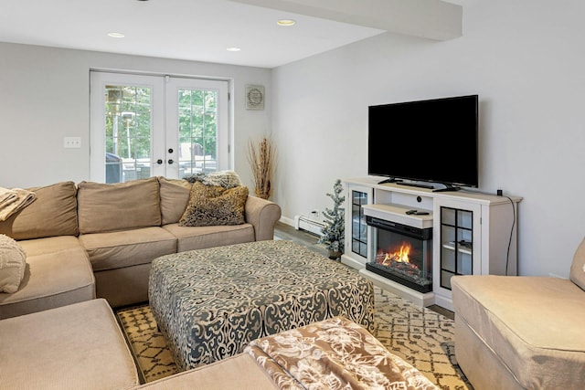 25 Macgregor Dr, Mahopac, NY 10541 - living room featuring french doors, a glass covered fireplace, baseboard heating, recessed lighting, and wood finished floors