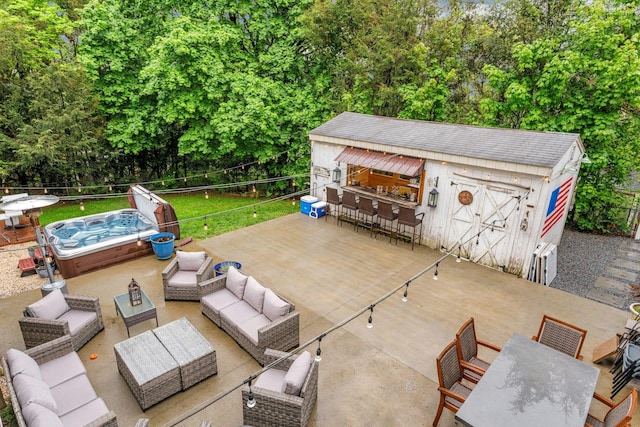 25 Macgregor Dr, Mahopac, NY 10541 - view of patio featuring a hot tub, an outdoor living space, fence, and an outbuilding
