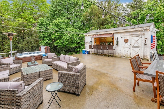 25 Macgregor Dr, Mahopac, NY 10541 - view of patio featuring a hot tub, outdoor lounge area, and an outdoor structure