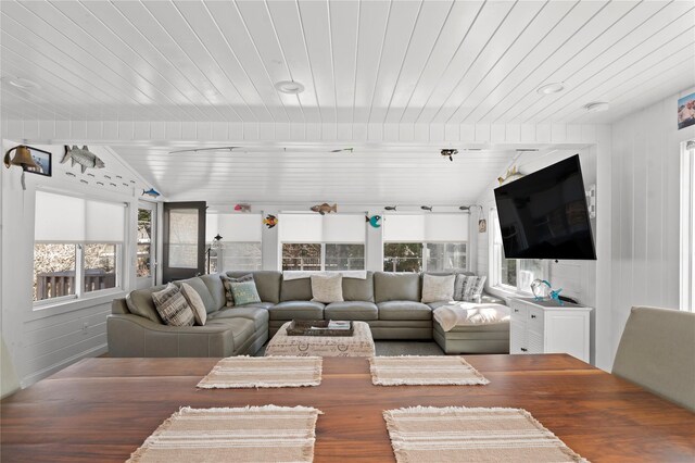 110 Ocean Rd, Ocean Beach, NY 11770 - living room featuring wooden ceiling and lofted ceiling